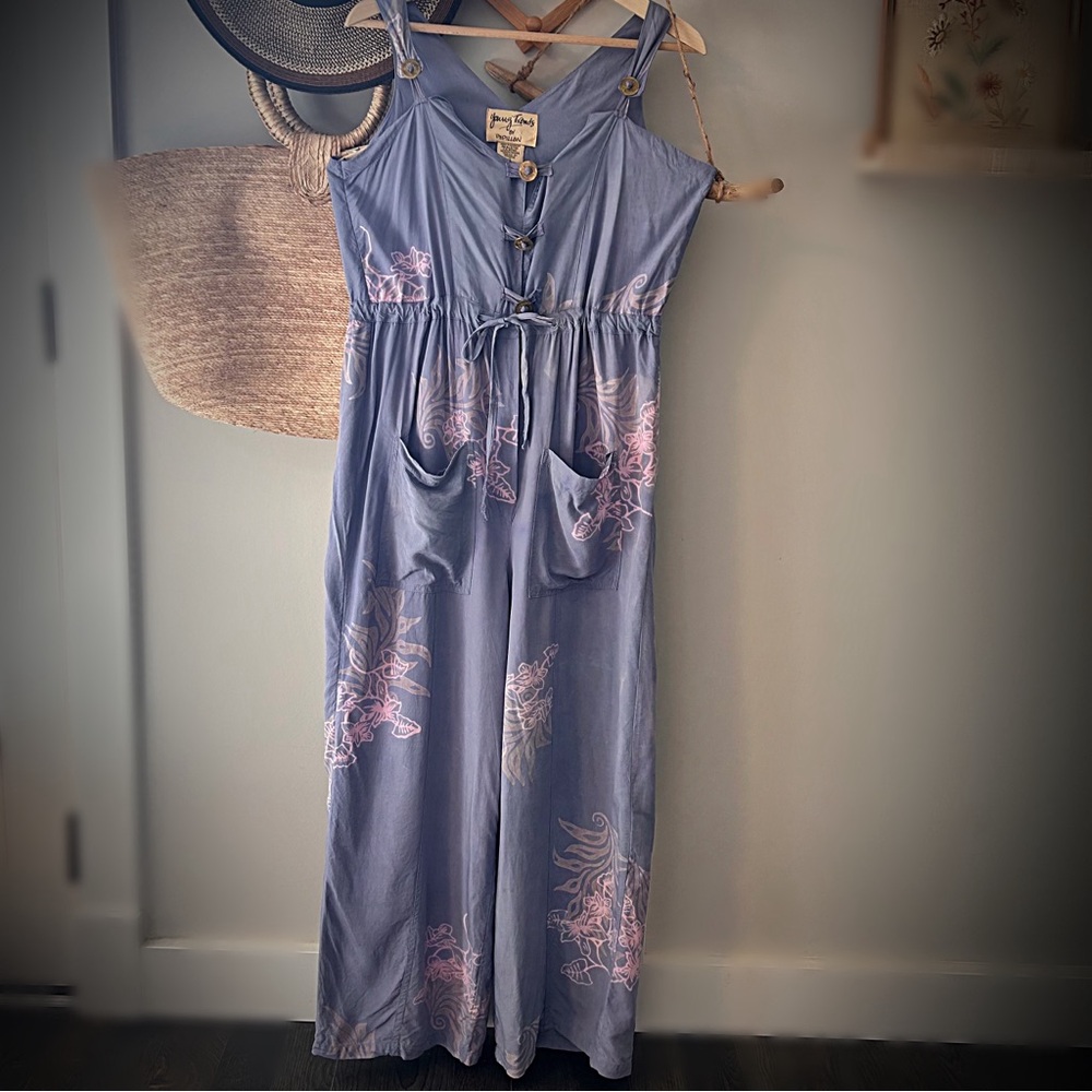 Adorable vintage jump suit/overalls, tie dye, brass buttons, boho, hippie.